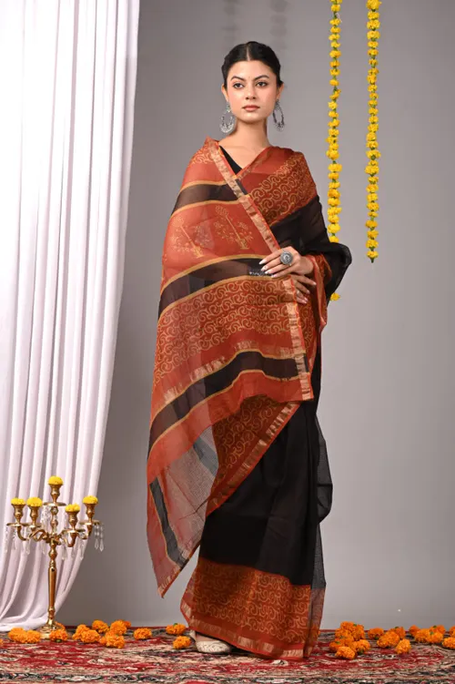 Handcrafted Bagru Print Black Colour Kota Sarees